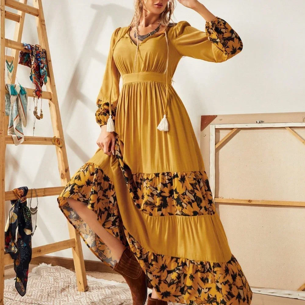 Yellow Boho Womens Floral Print Tassel Tie Neck Lantern Sleeve Ruffle Hem Dress - Picture 3 of 5